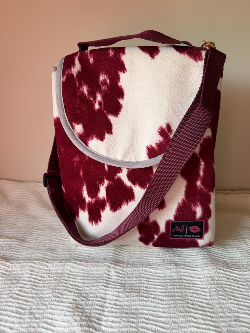 Makeup Junkie Maroon Cow Print Luxe Fabric Crossbody Vinyl Lined